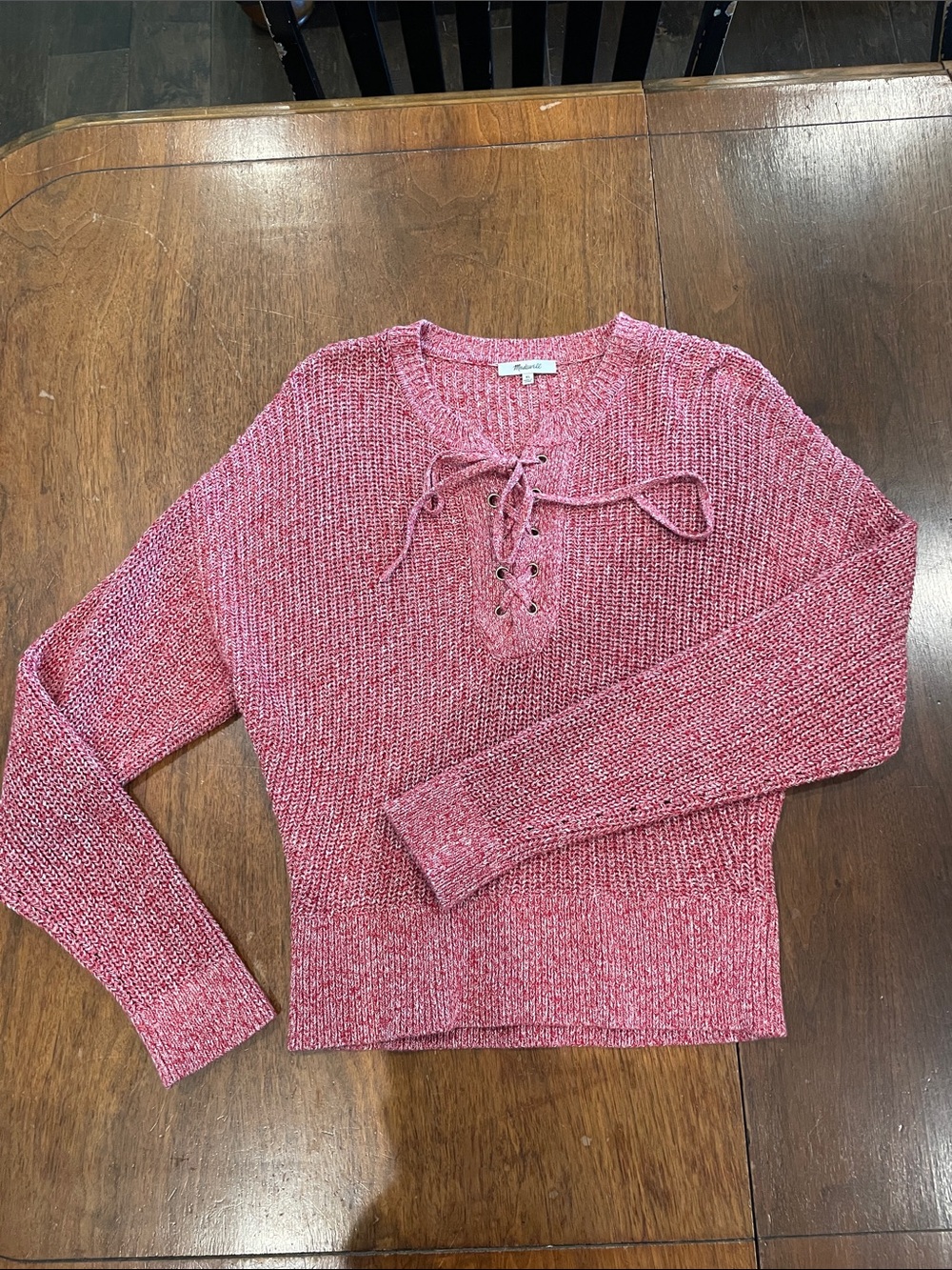 Madewell Pink Heather Lace-Up Crew Sweater
